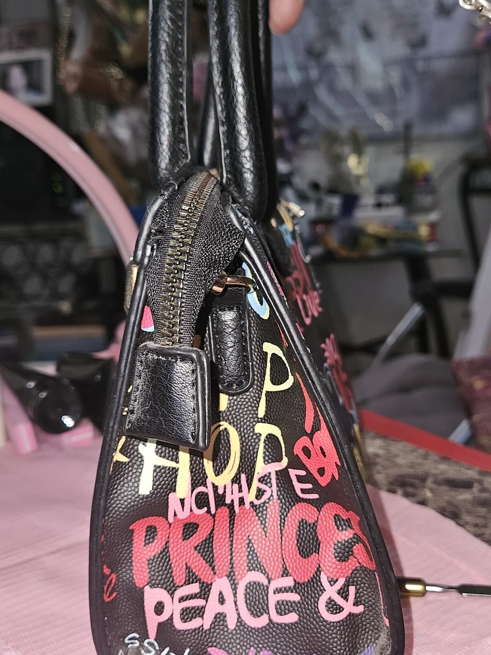 Black Graffiti-Print Satchel Handbag with Gold Lock